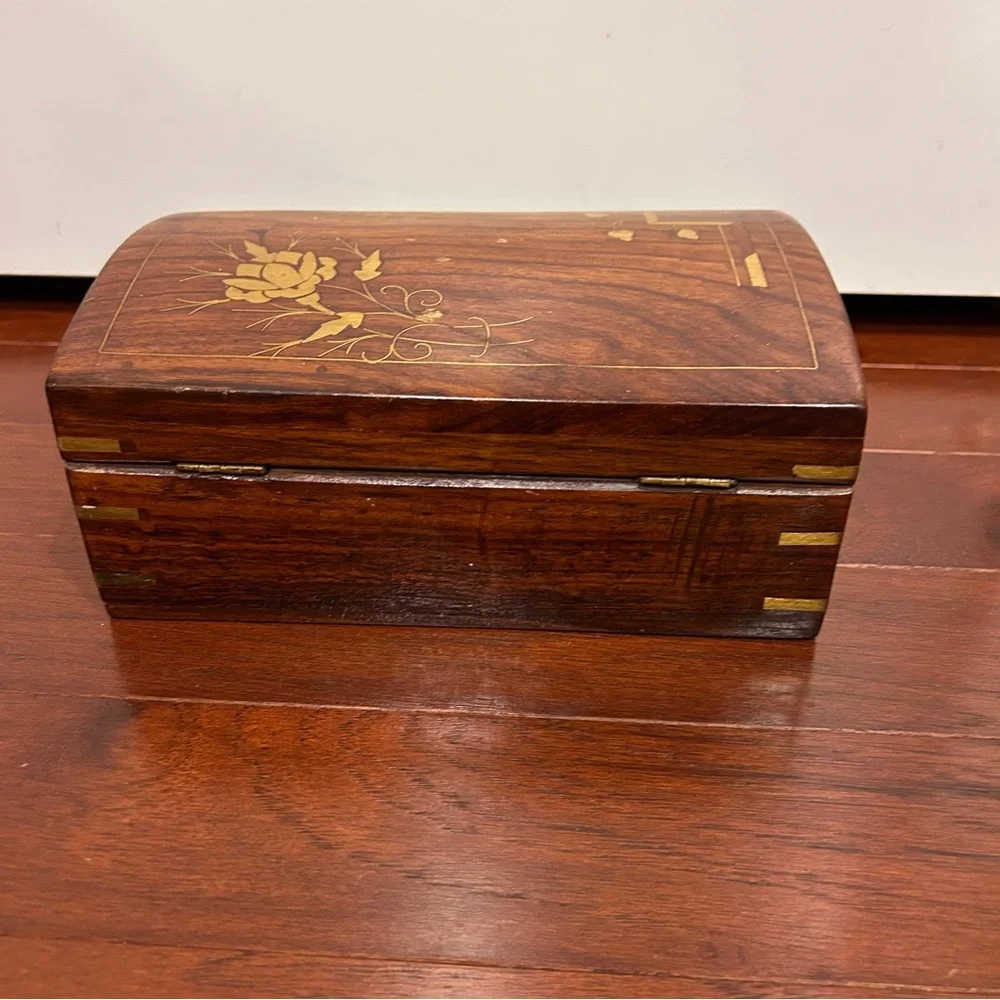 Vintage Rosewood Brass Inlay Divided Jewelry Box SAIMA Blue Velvet 2 Tiers